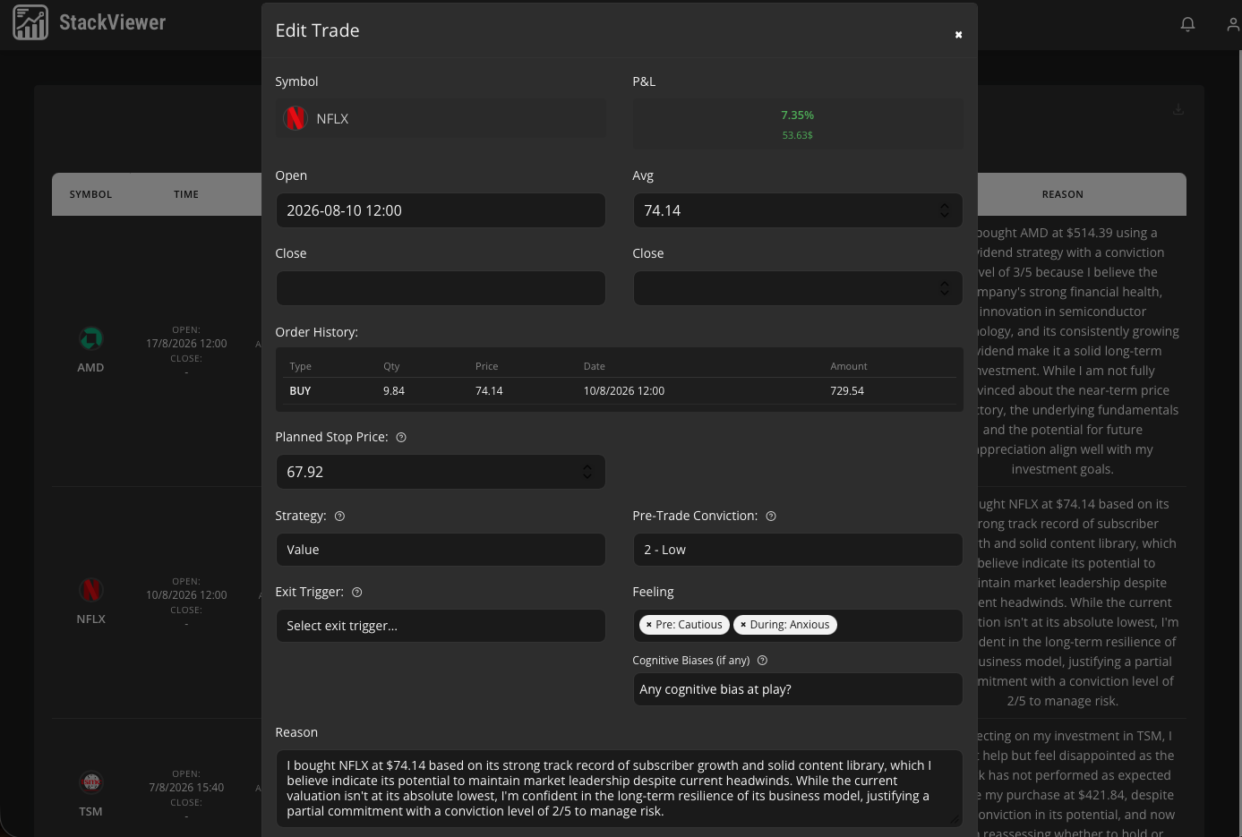 StackViewer trading journal capturing emotion, conviction, strategy and rationale for each trade with cognitive bias tags